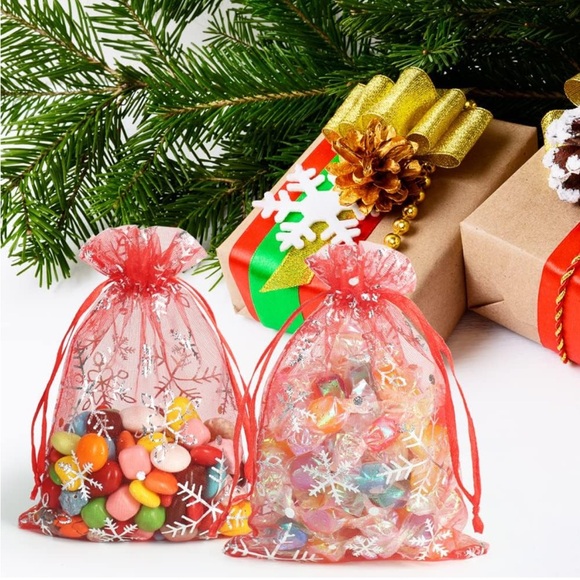 RED & SILVER SNOWFLAKE 🎉25 Organza Bags- 4 x 6 inch - Picture 2 of 5